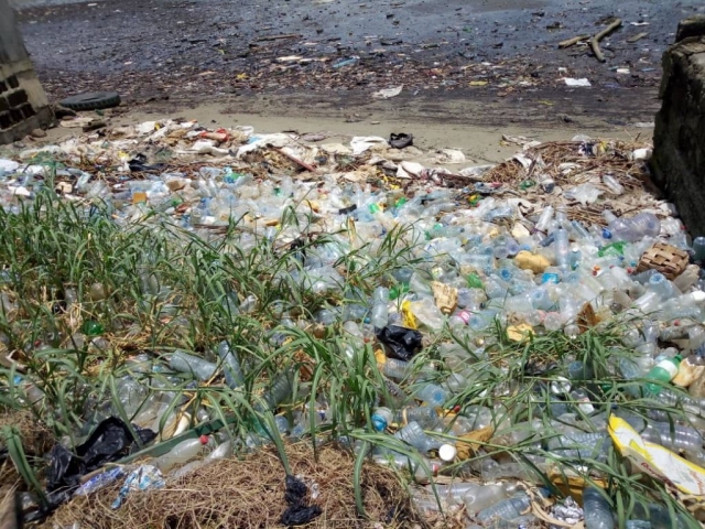 Plastic waste reaches the shore in Douala, Cameroon